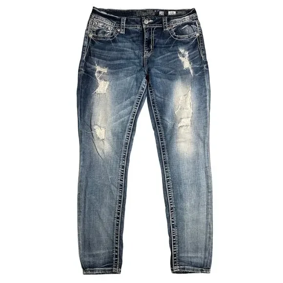 Miss Me 29 Signature Mid-Rise Easy Ankle Skinny Distressed Blue Denim Jeans - Picture 2 of 8